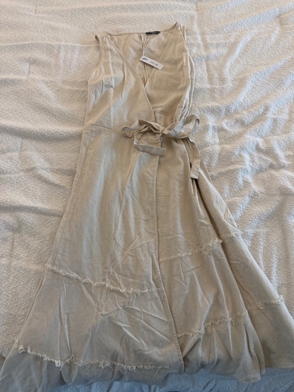 Jolie Sleeveless Wrap Midi Dress in Light Beige